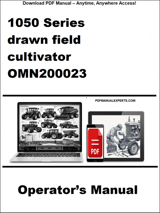 Operator's manual for 1050 Series drawn field cultivator OMN200023 on a white background