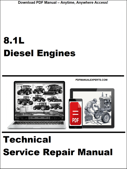 Technical service repair manual for 8.1L diesel engines with a laptop and toolbox graphic on a white background.