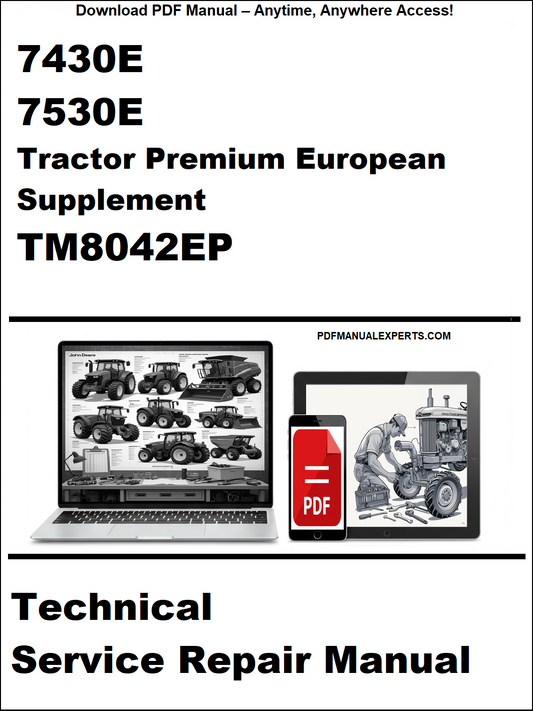 Advertisement for a technical service repair manual for John Deere tractors, featuring a laptop and tablet with tractor images.