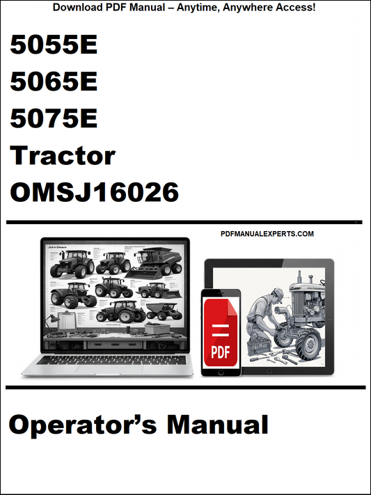 Operator's manual for 5055E, 5065E, 5075E tractors with OMSJ16026 on a white background.