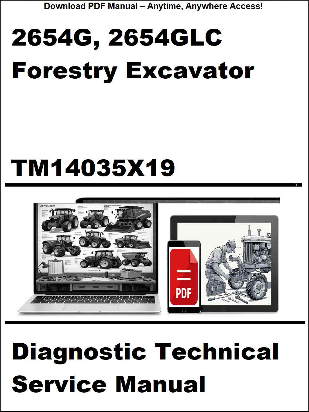 Diagnostic technical service manual for 2654G and 2654GLC forestry excavator with laptop and smartphone icons.