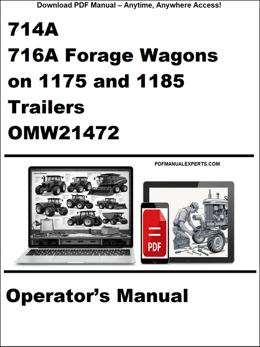 Cover of a manual for 714A, 716A Forage Wagons on 1175 and 1185 Trailers OMW21472 with a laptop and truck illustration.