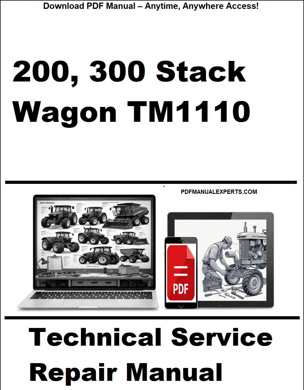 Technical service repair manual cover for 200, 300 Stack Wagon TM1110 with laptop and PDF icons.