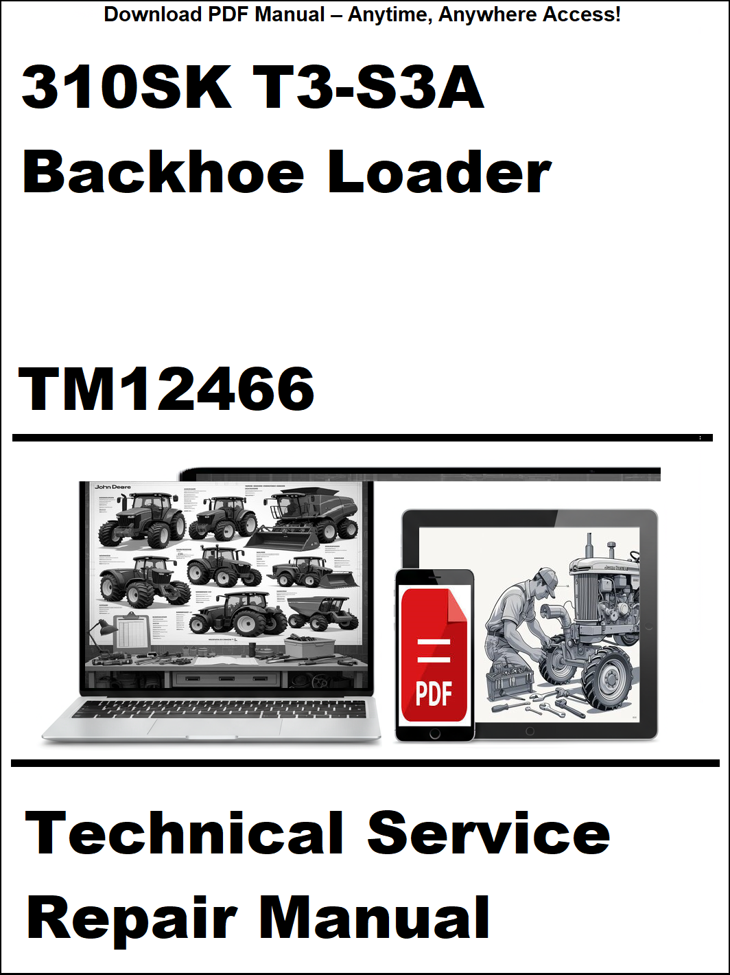 Technical service repair manual for 310SK T3-S3A backhoe loader with a laptop and toolbox graphic on a white background.