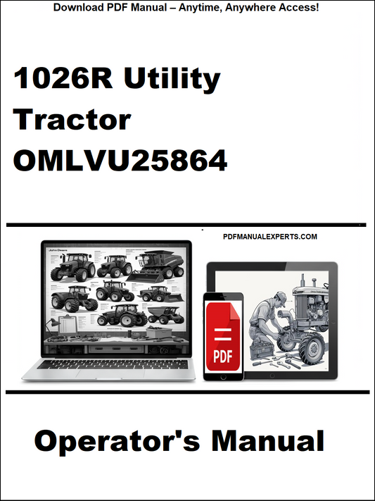 Operator's manual for 1026R Utility Tractor with OMLVU25864 on a white background