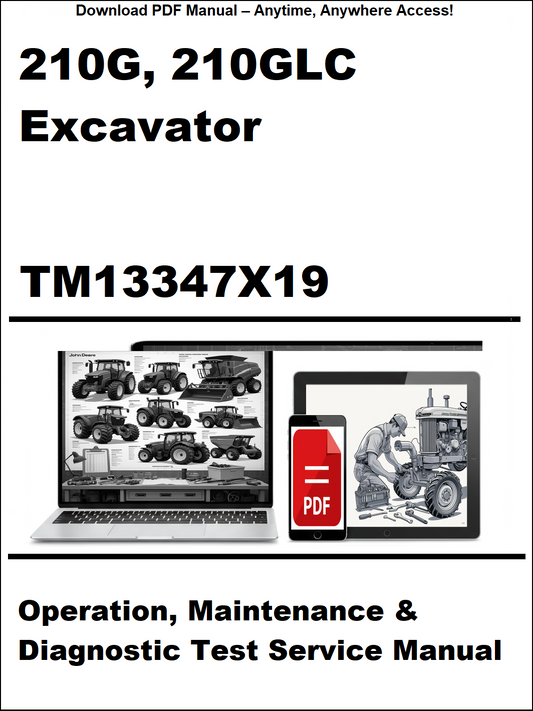 Manual cover for 210G and 210GLC excavator operation, maintenance, and diagnostic test service manual with a laptop and smartphone icon.
