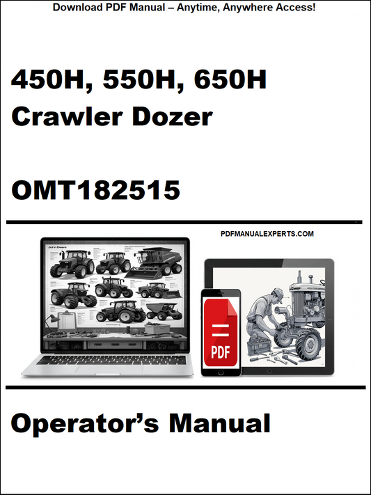 Cover of a manual for 450H, 550H, 650H Crawler Dozer OMT182515 with a laptop and toolbox graphic.