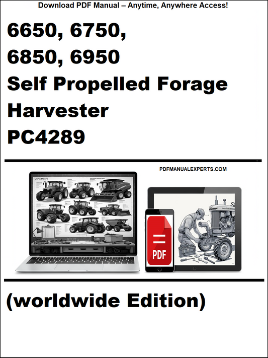 Cover of a manual for 6650, 6750, 6850, 6950 Self Propelled Forage Harvester PC4289 with digital device icons.