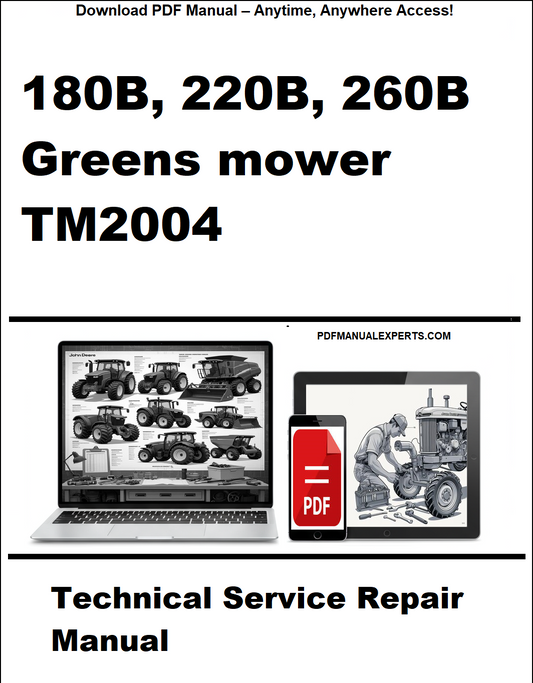 Cover of a technical service repair manual for 180B, 220B, 260B Greens mower TM2004 with laptop and tractor illustrations.