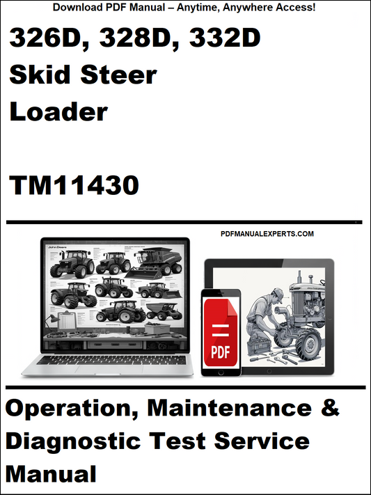 Manual cover for 326D, 328D, 332D Skid Steer Loader with PDF icon and text.
