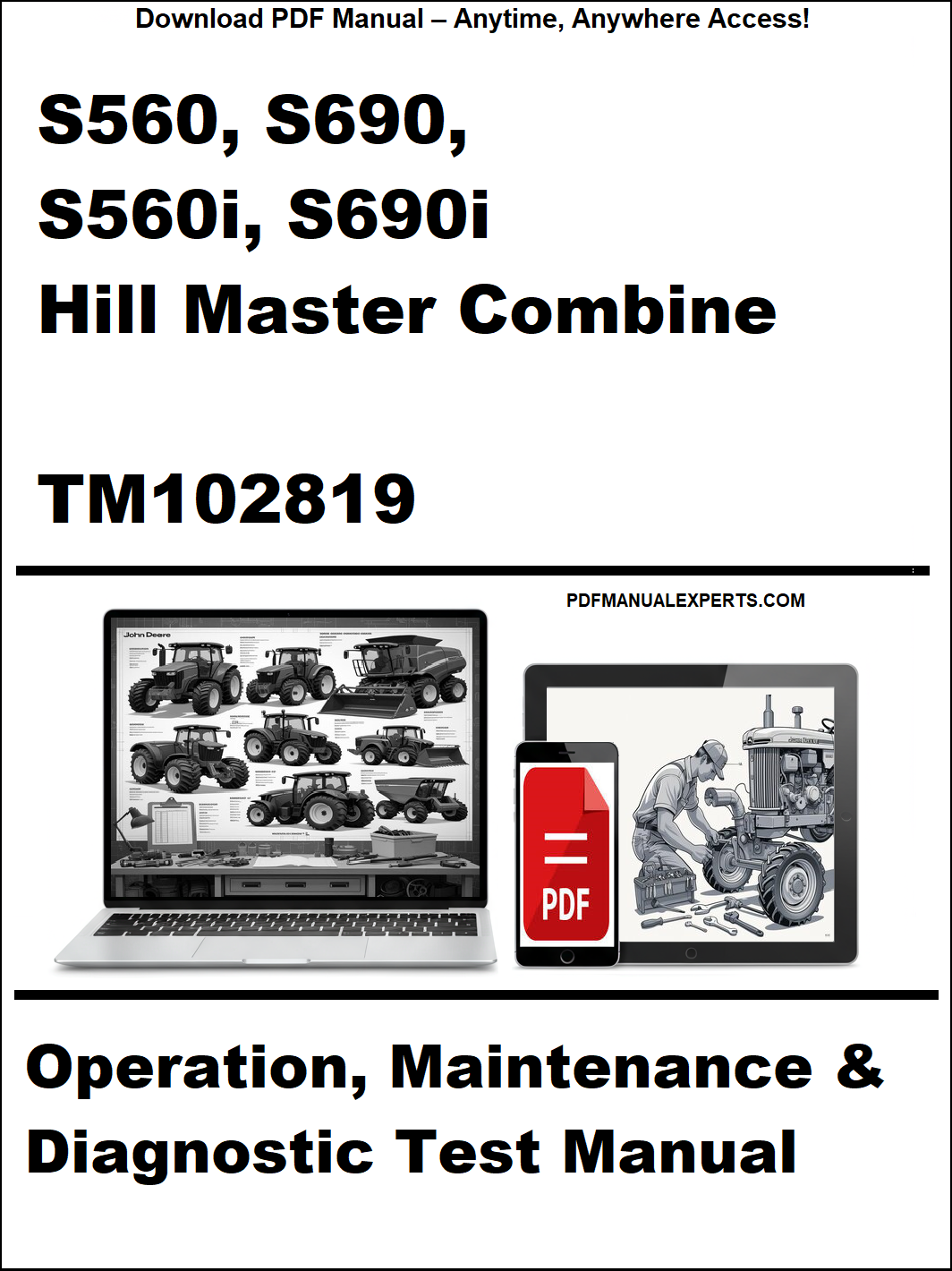 Manual cover for S560, S690, S560i, S690i Hill Master Combine TM102819 with laptop and toolbox icons.