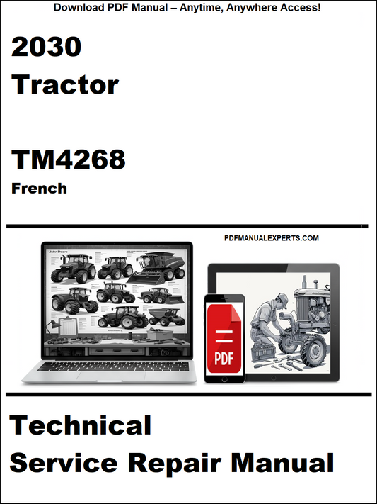 Technical service repair manual for 2030 tractor with laptop and toolbox graphic on a white background