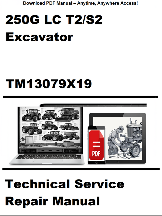 Technical service repair manual for 250G LC T2/S2 excavator with digital device and laptop illustration on a white background.