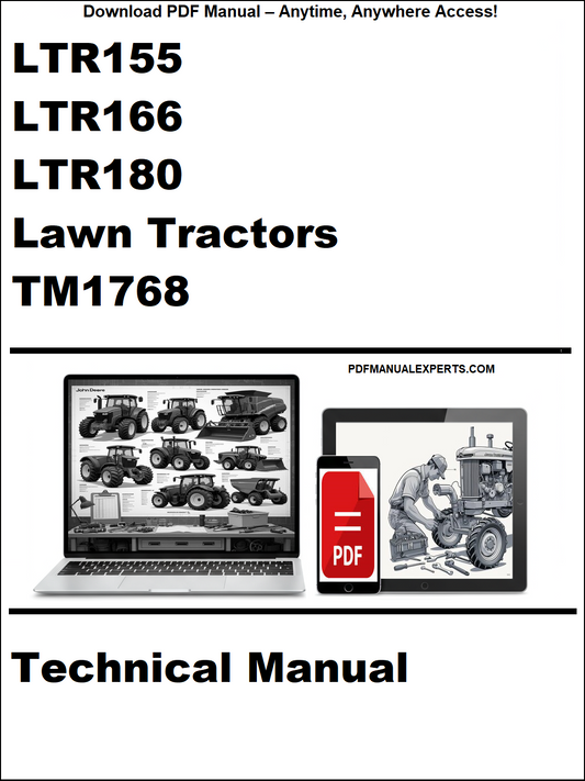 Technical manual cover for LTR155, LTR166, LTR180 lawn tractors with a laptop and toolbox graphic.