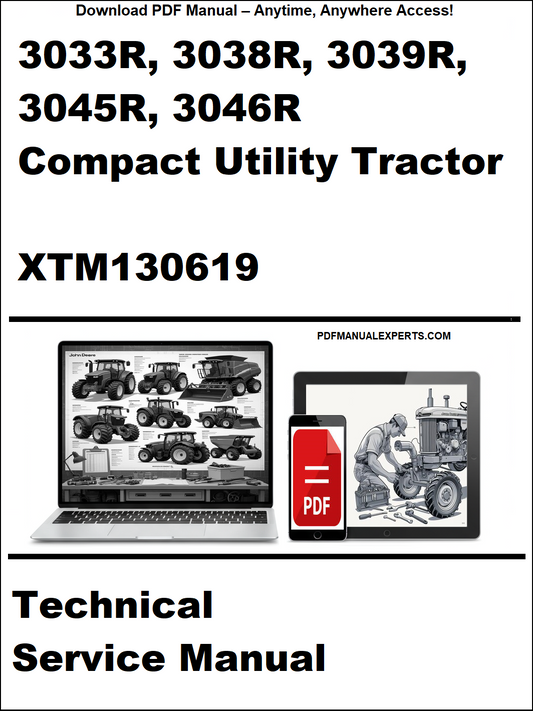 Cover of a technical service manual for compact utility tractors with a laptop and toolbox graphic.