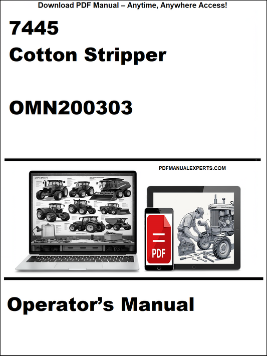 Cover of a cotton stripper operator's manual with a laptop and smartphone displaying the PDF on a white background.