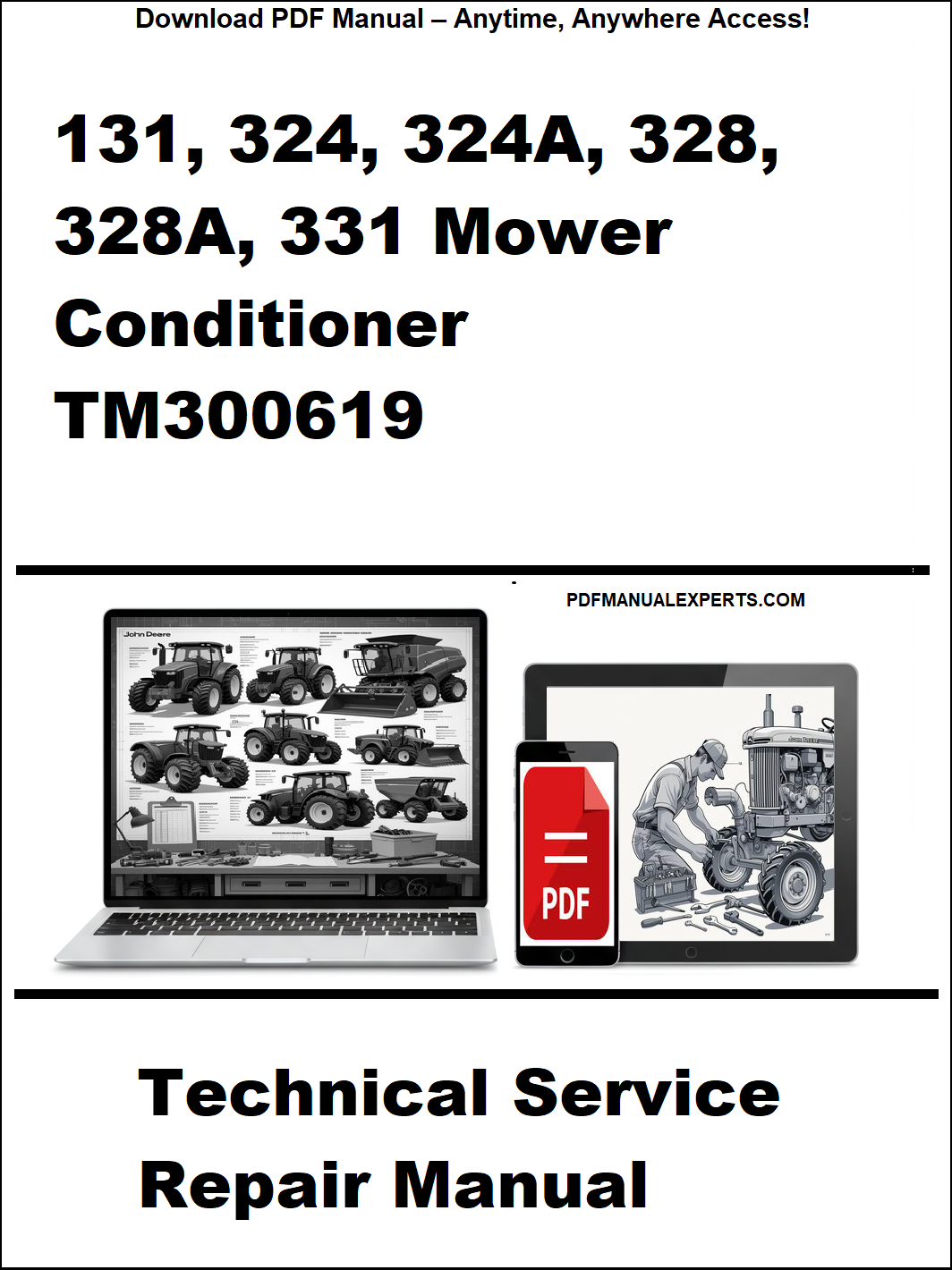 Technical service repair manual cover for John Deere mower conditioners with laptop and toolbox graphics.