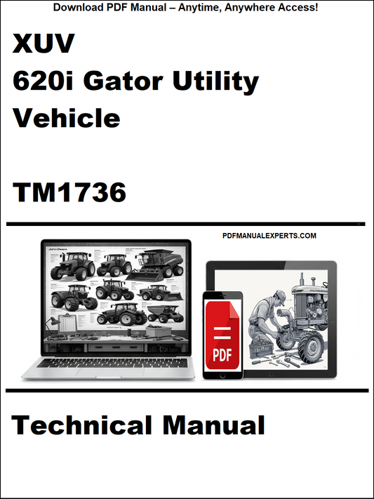 Cover of a technical manual for XUV 620i Gator Utility Vehicle with a laptop and smartphone icon.
