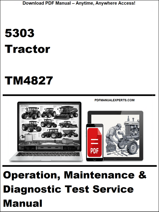 Advertisement for a tractor manual with laptop and smartphone graphics on a white background