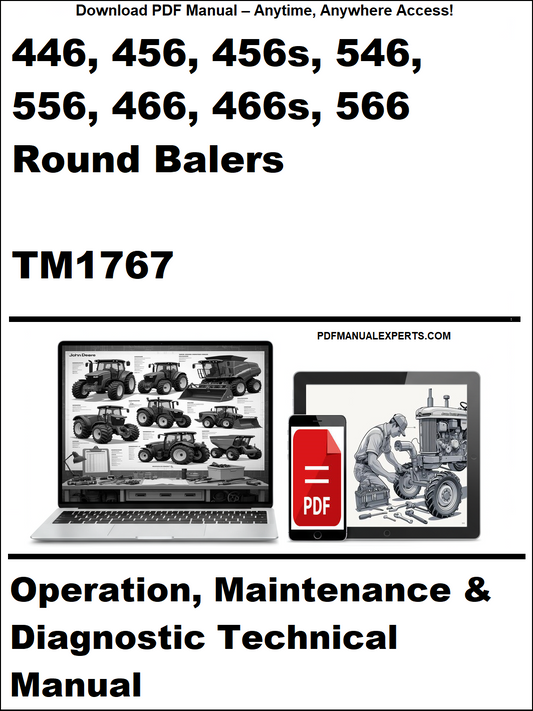 Cover of a technical manual for round balers with a laptop and truck illustration on a white background.