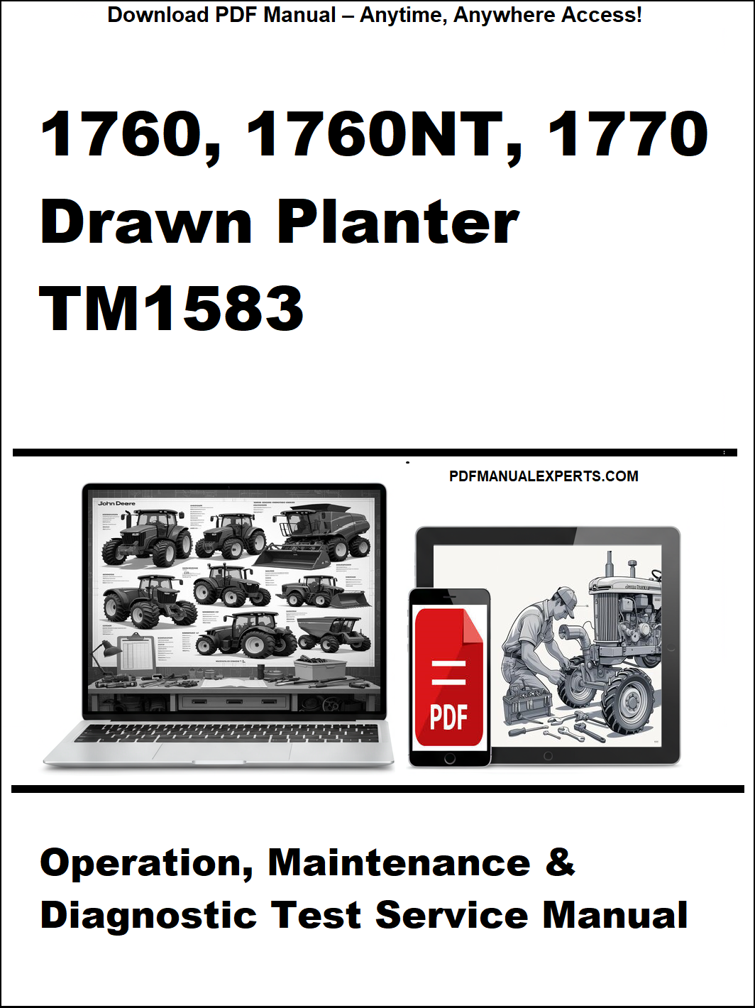 Manual cover for 1760, 1760NT, 1770 Drawn Planter TM1583 with laptop and toolbox graphic.