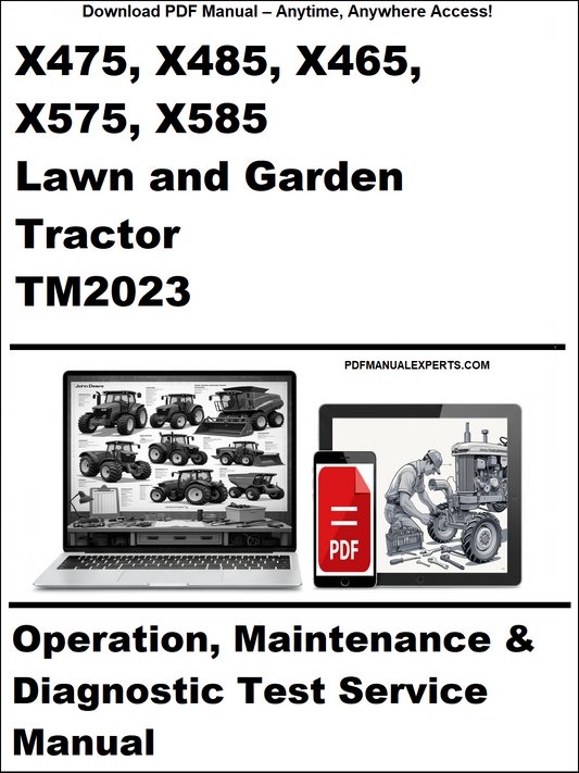 Cover pic of the John Deere X475, X485, X465, X575, X585 Lawn and Garden Tractor Operation, Maintenance Diagnostic Test Service Manual TM2023 PDF