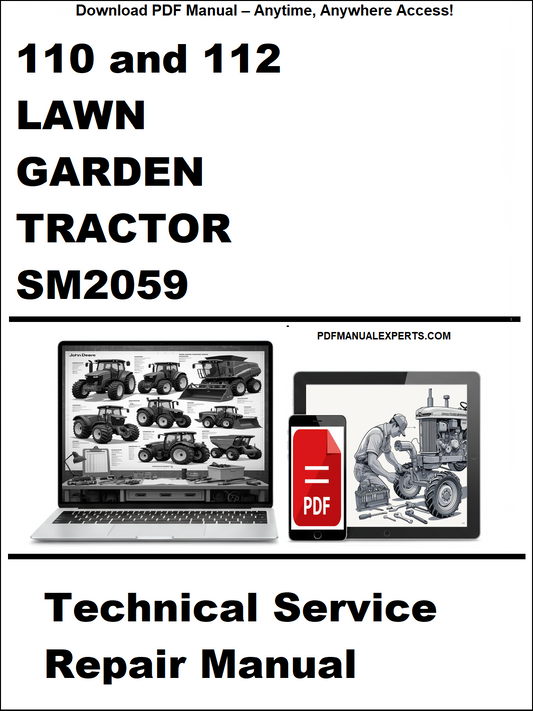 Advertisement for a technical service repair manual for 110 and 112 lawn garden tractor SM2059.