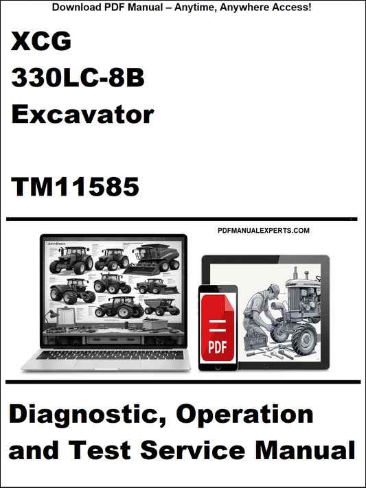 Cover of a diagnostic, operation, and test service manual for XCG 330LC-8B Excavator TM11585 on a white background.