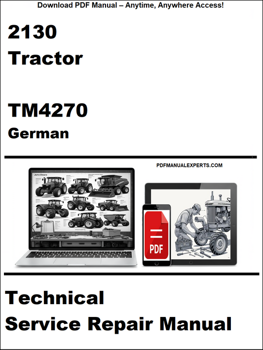 Technical service repair manual for a 2130 tractor with a laptop and toolbox graphic on a white background.