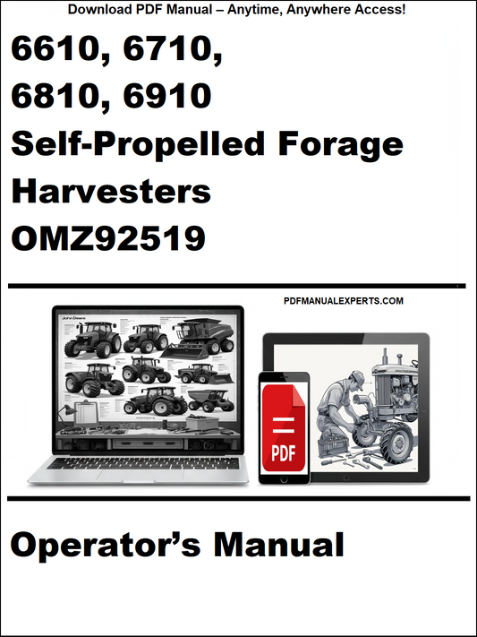 Cover of the John Deere 6610 6710 6810 6910 Forage Harvester Operator’s Manual OMZ92519 PDF with field operation and maintenance guidance.