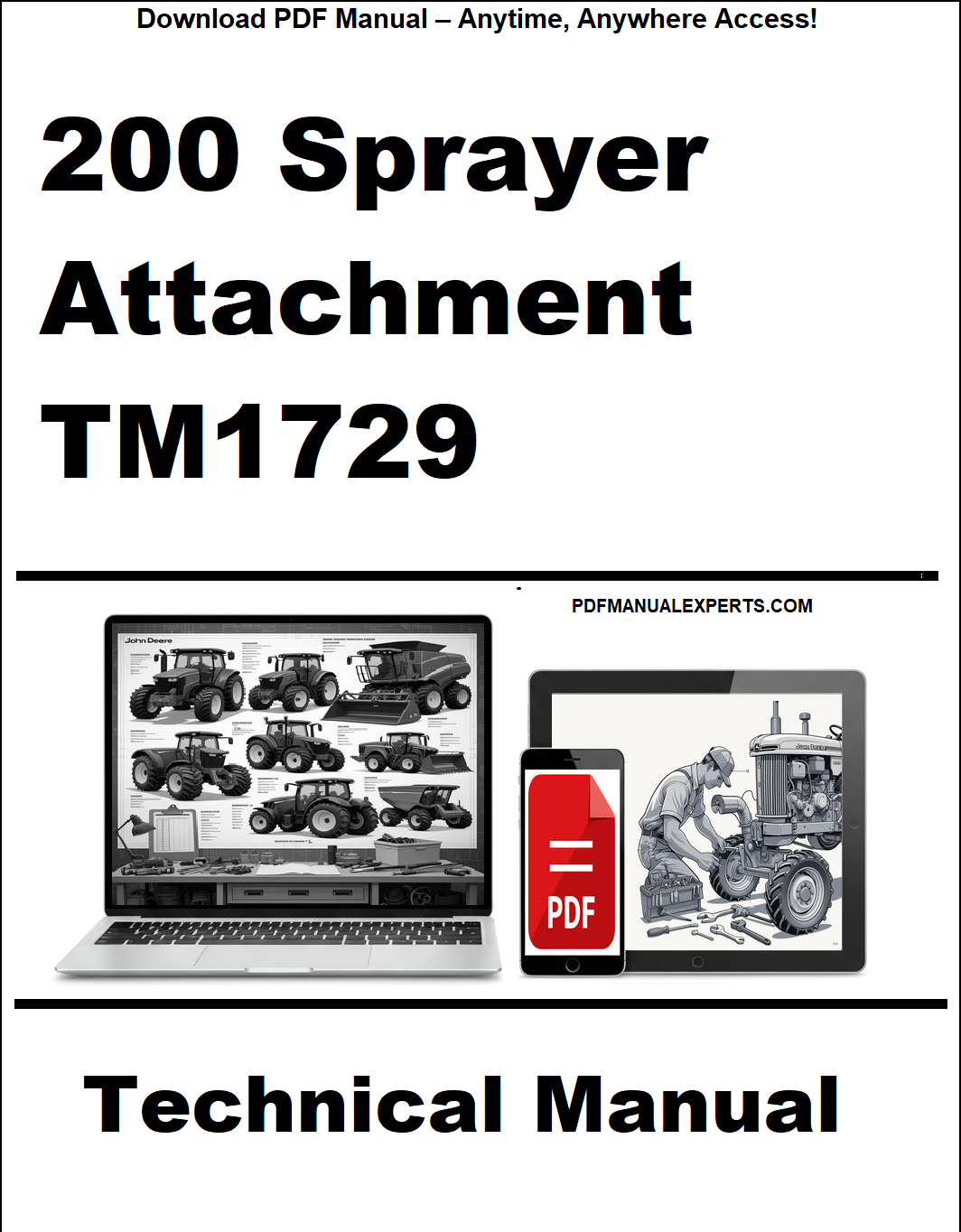 Advertisement for 200 Sprayer Attachment TM1729 technical manual with laptop and tablet icons.
