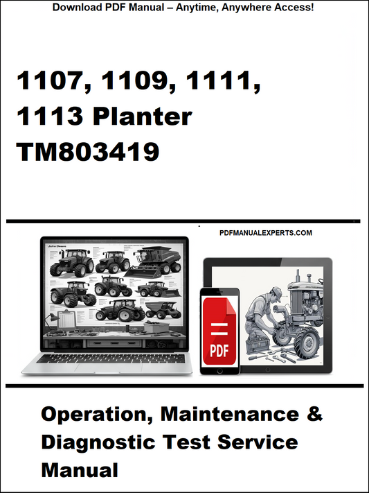 Cover of a manual for 1107, 1109, 1111, 1113 planter with a laptop and toolbox graphic.