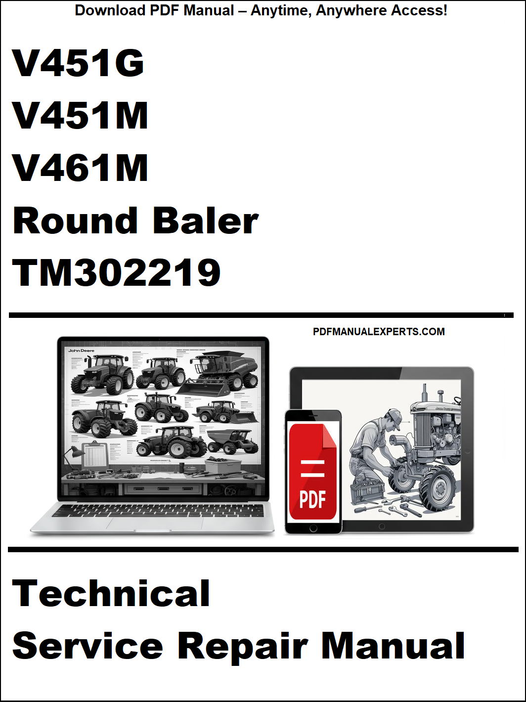 Technical service repair manual for Round Baler V451G, V451M, V461M with TM302219 on a white background.
