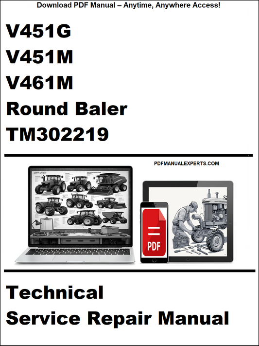 Technical service repair manual for Round Baler V451G, V451M, V461M with TM302219 on a white background.