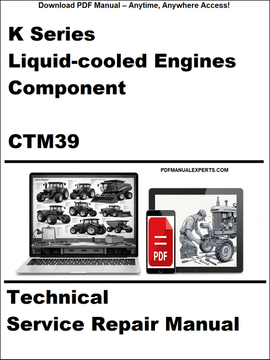 Technical service repair manual for K Series liquid-cooled engines component CTM39 on a white background with computer and toolbox graphics.