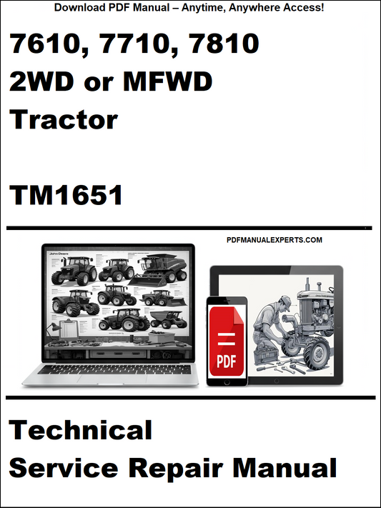 Technical service repair manual for 2WD or MFWD tractor with laptop and tractor images on a white background.