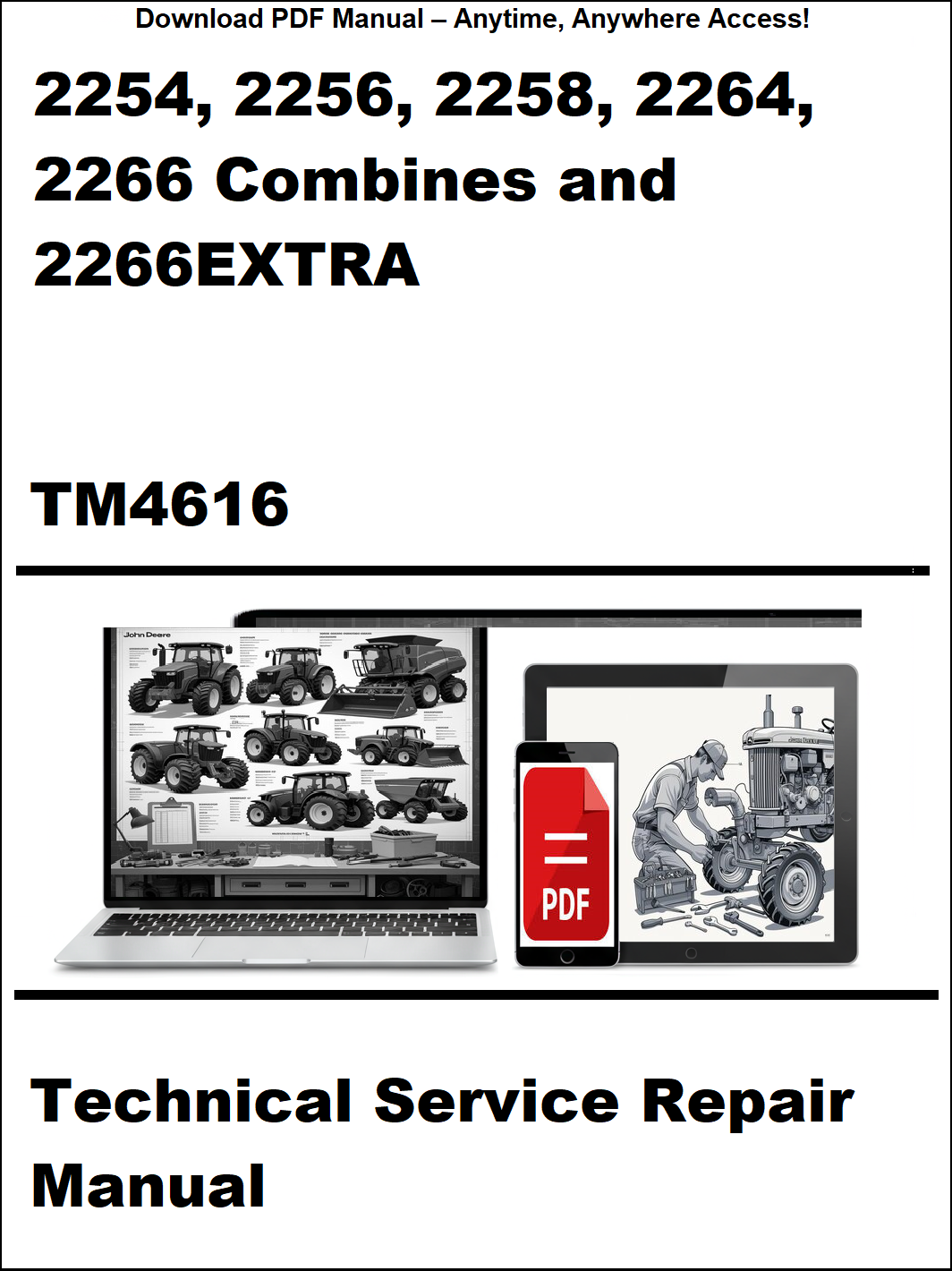 Technical Service Repair Manual for John Deere combines and 2266EXTRA, featuring images of a laptop and repair manual on a white background.