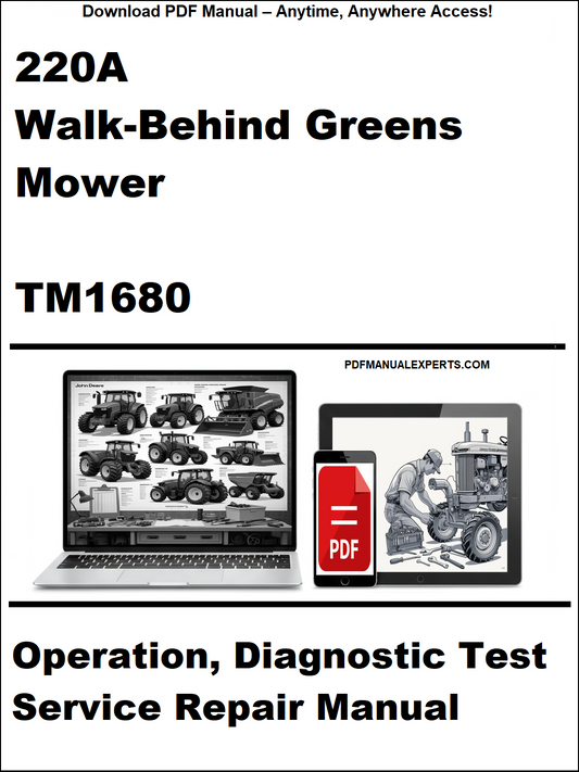 Cover of a manual for 220A Walk-Behind Greens Mower with a laptop and toolbox graphic.