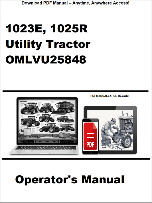 Cover of operator's manual for 1023E, 1025R utility tractor with digital device and laptop illustration.