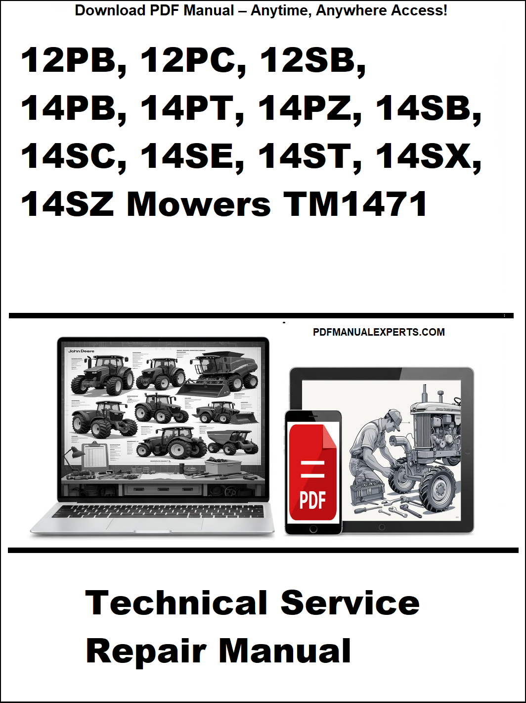 Technical service repair manual for mowers with product codes listed on a white background.