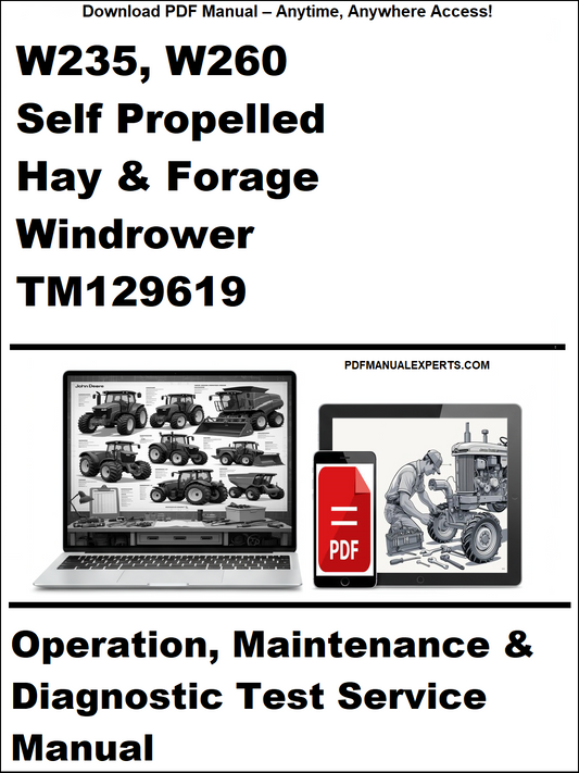 Manual cover for W235, W260 Self Propelled Hay & Forage Windrower TM129619 with laptop and toolbox graphics.
