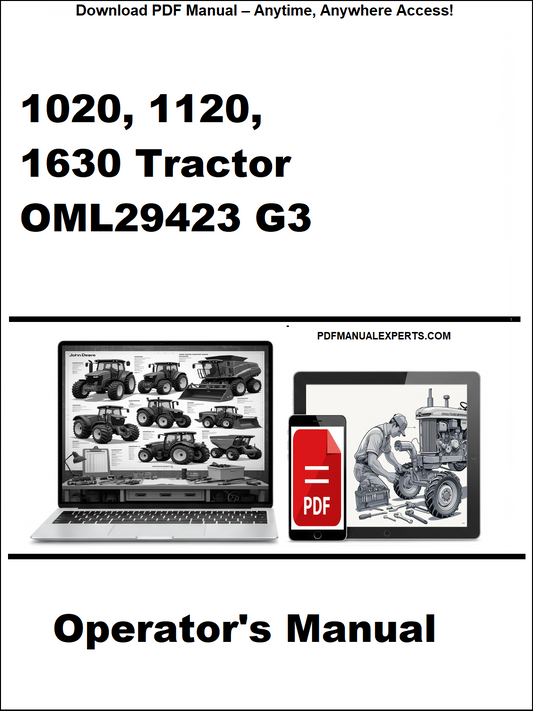 Cover of operator's manual for 1020, 1120, 1630 Tractor OML29423 G3 with laptop and tractor images.