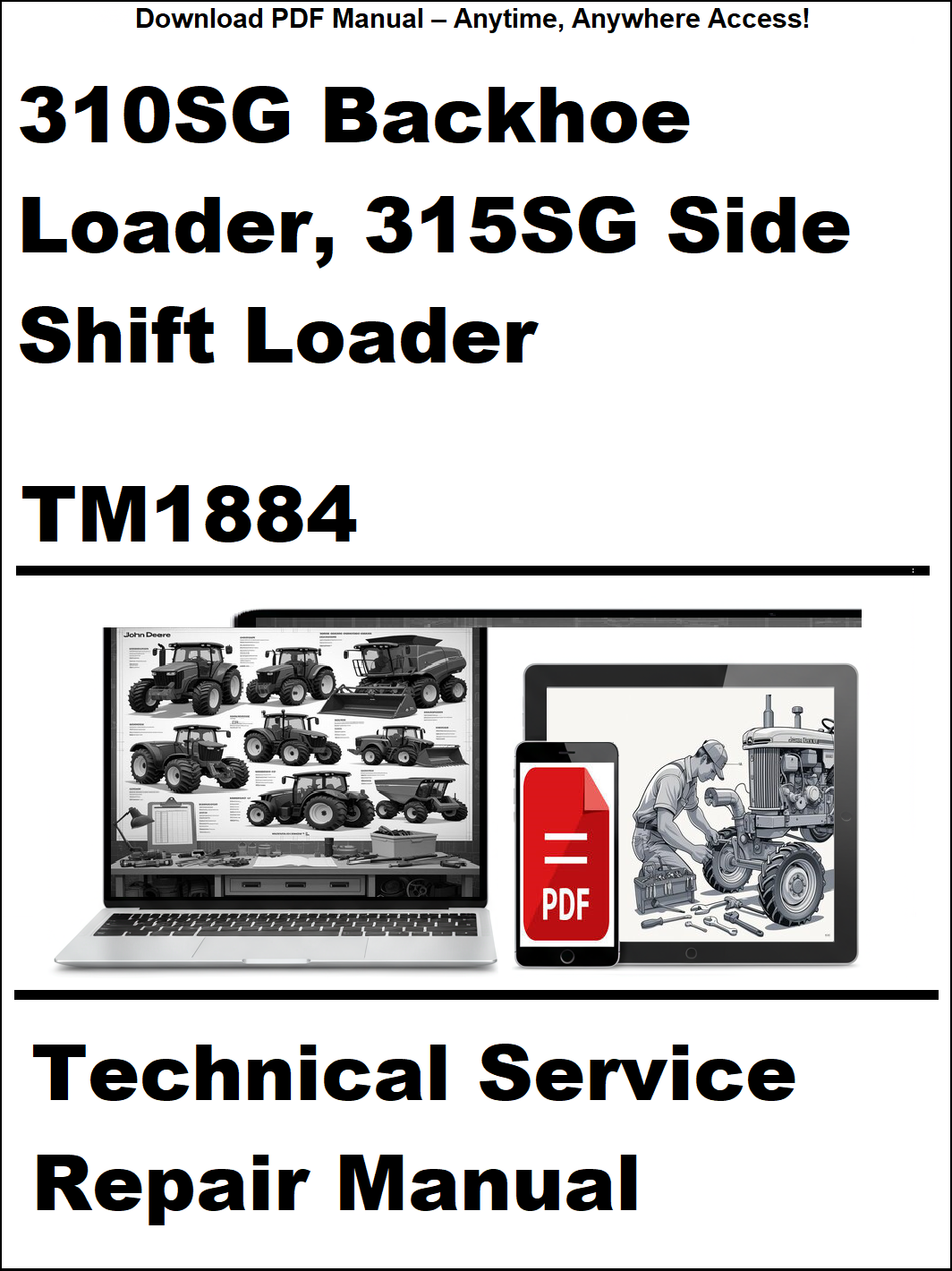Cover of a technical service repair manual for 310SG Backhoe Loader and 315SG Side Shift Loader, featuring images of a laptop and manual on a white background.