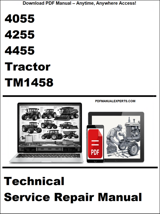 Technical service repair manual for tractors with a laptop and toolbox graphic on a white background