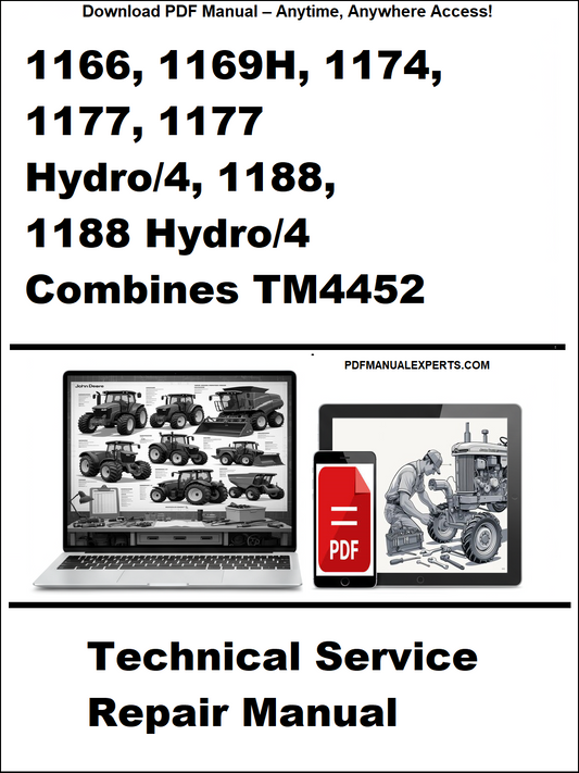 Technical service repair manual for agricultural combines with a laptop and smartphone icon on a white background.