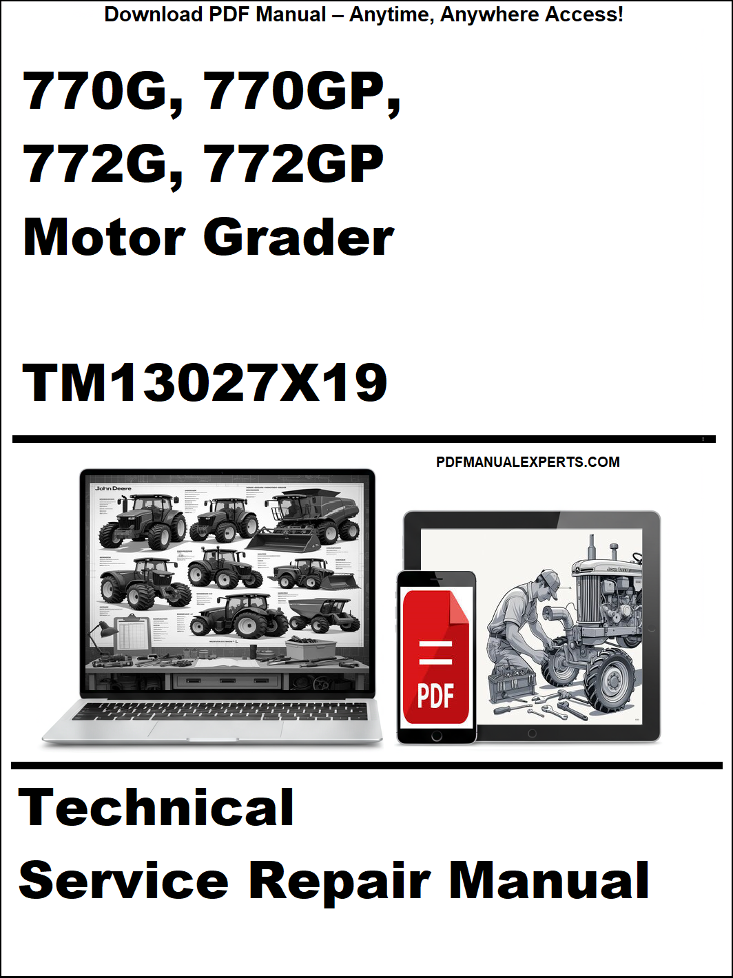 Cover of a technical service repair manual for Caterpillar motor graders with laptop and smartphone icons.