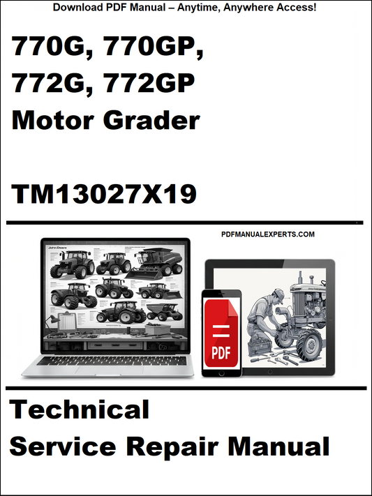 Cover of a technical service repair manual for Caterpillar motor graders with laptop and smartphone icons.
