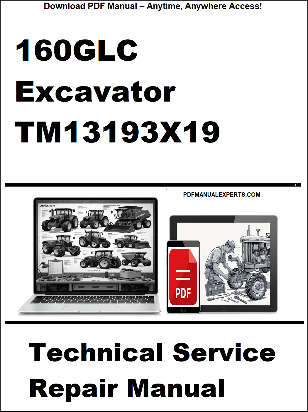 Cover of a technical service repair manual for a 160GLC excavator with a laptop and smartphone icon.