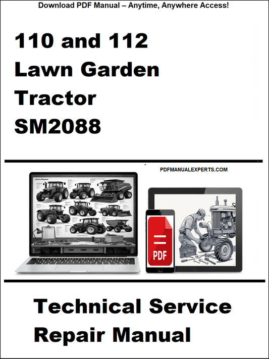 Technical service repair manual for 110 and 112 lawn garden tractor SM2088 on a white background
