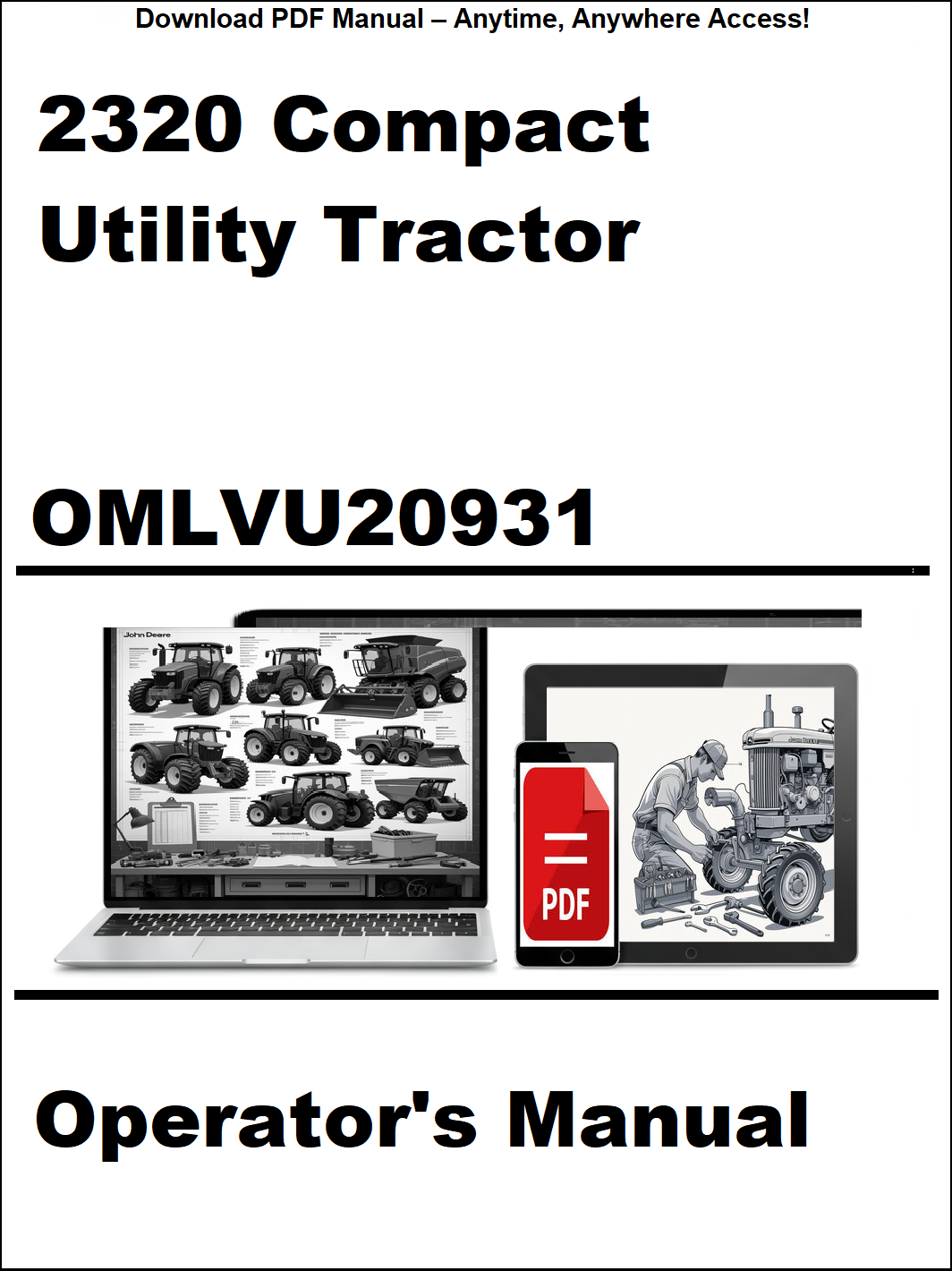Operator's manual for 2320 Compact Utility Tractor with digital device and laptop illustration on a white background.